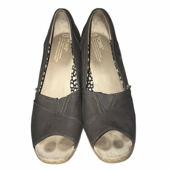 Toms Canvas Peep Espadrille Wedges Womens 7.5 Gray Work Dance Wedding - Picture 2 of 9